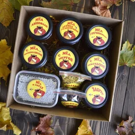 Подарочный набор XXL из 6 видов меда, забрус, пыльца, перга, мёд в сотах (баночки 100 мл)