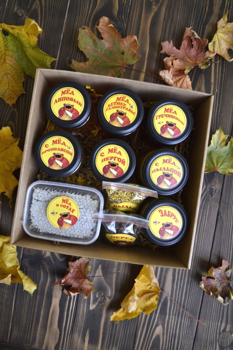 Подарочный набор XXL из 6 видов меда, забрус, пыльца, перга, мёд в сотах (баночки 100 мл)