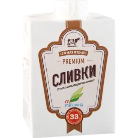 Сливки питьевые ультрапаст. мдж 33%, 0,5 кг, ТМ «Милкавита»